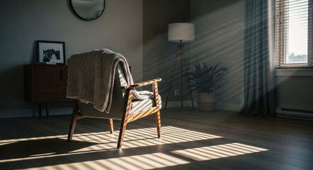 Vintage armchair in the living room with sunlight coming through the windowの素材