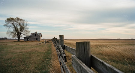 Abandoned farm house in the middle of a field with fenceの素材