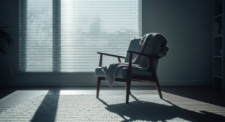 Comfortable armchair in a room with window and blinds.の素材