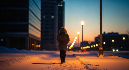 A girl in a winter jacket is walking along the snow-covered roadの素材