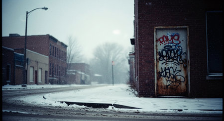 Abandoned building with graffiti on the wall in a snowy dayの素材