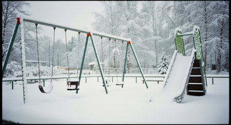 Snowy playground in the park. Winter landscape with a swing.の素材