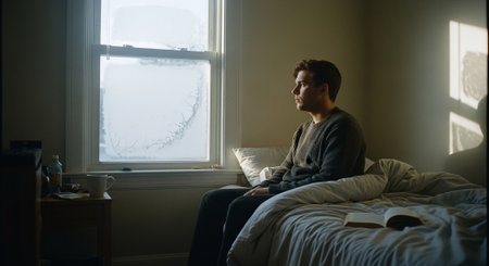Young man sitting on bed and using laptop at home in the morningの素材