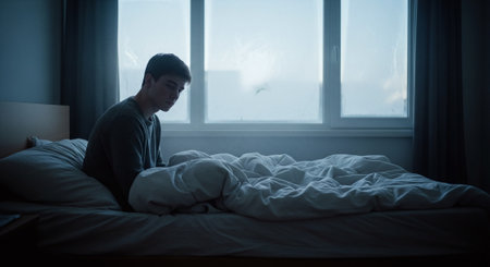 Man suffering from insomnia while sitting in bed at night with a window in the backgroundの素材