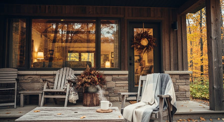 Wooden terrace with chairs, table and coffee cup in autumnの素材