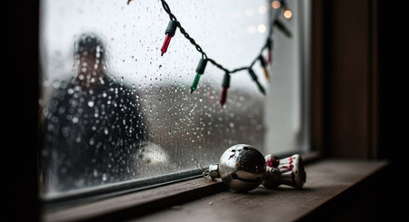 Christmas decoration on the window with raindrops and a man in the backgroundの素材