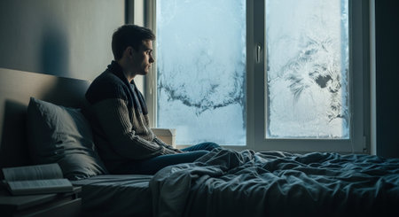 Young man sitting on the bed and looking out the window in the morningの素材