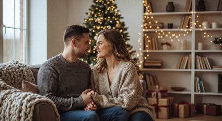 Beautiful young couple in love sitting on the couch near the Christmas tree.の素材