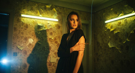 Young beautiful girl in a black dress in the interior of the roomの素材