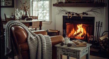 Cozy living room with fireplace, armchair and knitted plaidの素材
