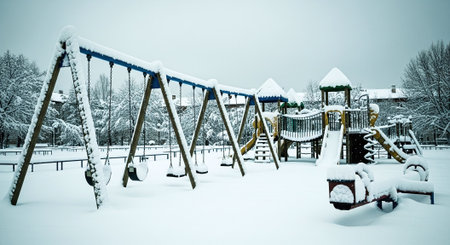 Playground in the park during a snowfall. Winter landscape.の素材