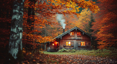 Wooden house in the autumn forest. Vintage style toned pictureの素材