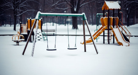 Playground in the park during a snowfall in winter. Selective focus.の素材