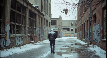 A young man walking in the middle of a dirty street in winterの素材