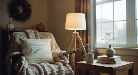 Cozy living room with armchair, books, lamp and coffee cupの素材