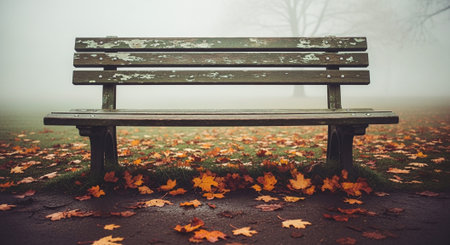 Autumnal park bench in a foggy day with fallen leavesの素材