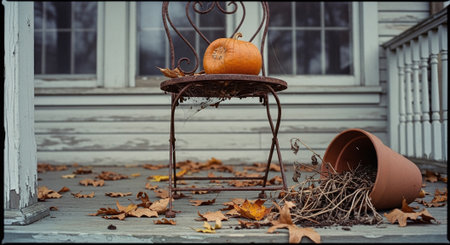 Vintage chair with pumpkin and dry leaves on the porch of the houseの素材