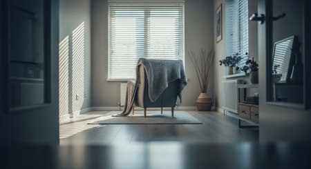 Cozy living room with armchair, pouf and window with blindsの素材