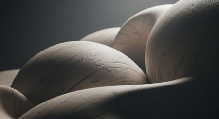 3d rendering of a group of wooden balls in the dark.の素材