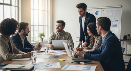 Group of multiethnic business people working and communicating together in modern office.の素材