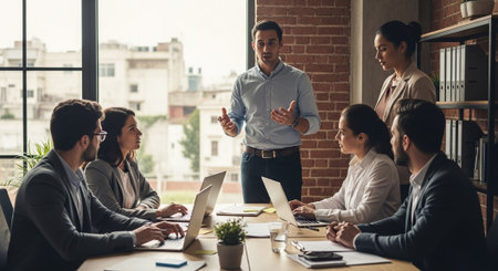 Group of business people working together in modern office. They are sitting at the table and communicating.の素材