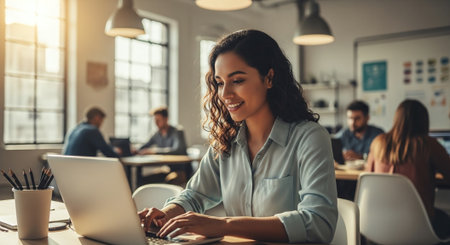 Beautiful young woman is using a laptop and smiling while working in officeの素材