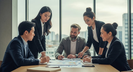 Group of business people discussing the charts and graphs showing the results of their successful teamworkの素材