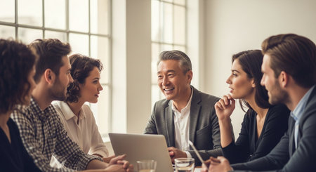 Group of business people working together in office. Businessmen and businesswomen are using a laptop and smiling.の素材