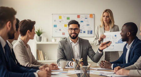 business, people and teamwork concept - smiling business team with charts in officeの素材