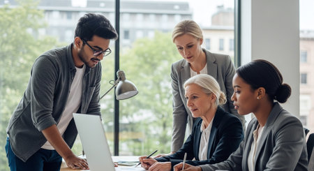 multiethnic businesspeople working together on laptop at workplace in officeの素材