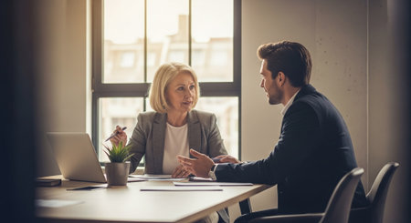 Businessman and businesswoman working together in office. They are looking at each other and smilingの素材