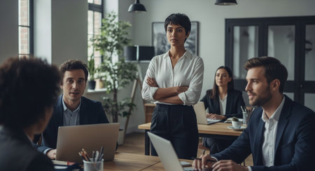 Serious businesswoman standing in front of her colleagues while working in officeの素材