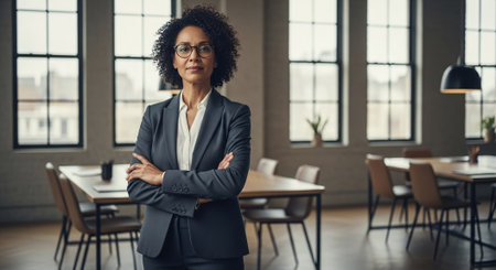 Confident businesswoman standing with crossed arms in modern office, copy spaceの素材