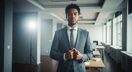 Portrait of confident african american businessman looking at camera in officeの素材