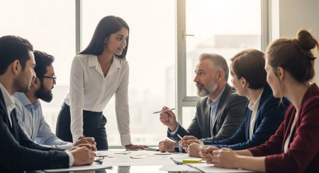 Group of business people working together in modern office. They are sitting at the table and communicating.の素材
