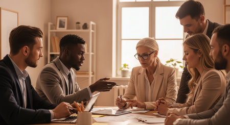 Group of multiethnic business people working together at table in officeの素材
