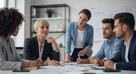 Group of multiethnic business people working and communicating together in officeの素材