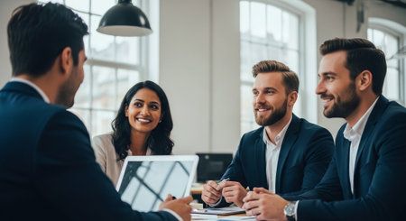 Business people are having a meeting and smiling while working in office.の素材