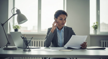 Serious businesswoman talking on phone while sitting at her workplace in officeの素材