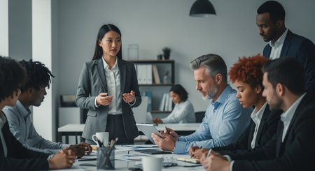 Group of multiethnic business people working and communicating in modern office.の素材