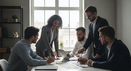 Group of multiethnic businesspeople working together in modern office.の素材