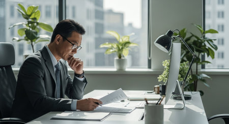 pensive asian businessman in eyeglasses looking at papers in officeの素材
