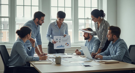 Group of young business people working together in modern office. Men and women in smart casual wear sitting at the table and working together.の素材
