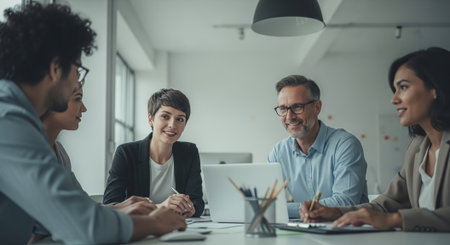 Group of business people working together in office. They are sitting at table and smilingの素材