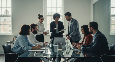 Group of business people working together in modern office. Selective focus.の素材