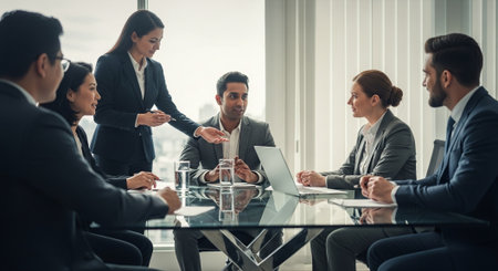Business people sitting and discussing at business meeting, in office environment.の素材
