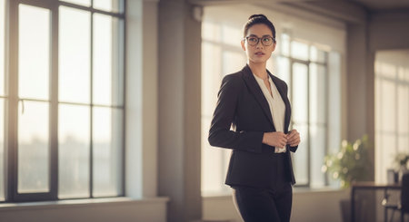 Beautiful young businesswoman in suit and glasses is standing in office.の素材