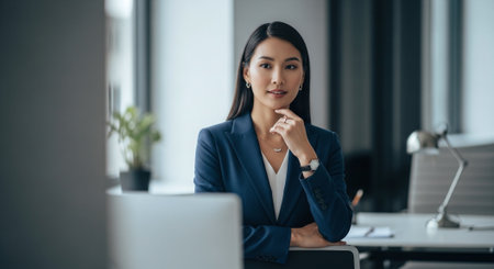 portrait of smiling asian businesswoman looking at camera in officeの素材