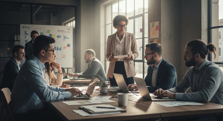 Group of business people in smart casual wear working and communicating while sitting at the table in officeの素材