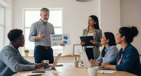 Group of multiethnic business people working together in modern office. Selective focus.の素材